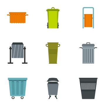 Trash can icon set, flat style