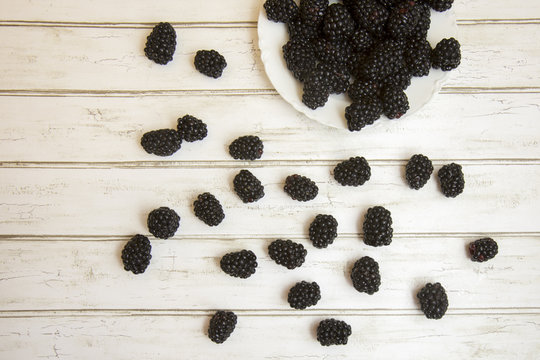 Flay lay of fresh blackberries on white china plate.