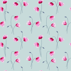 Seamless watercolor poppies pattern on gray