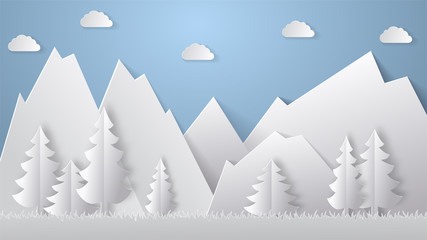 Summer camping paper cut style. Concept with mountain, trees. Vector illustration