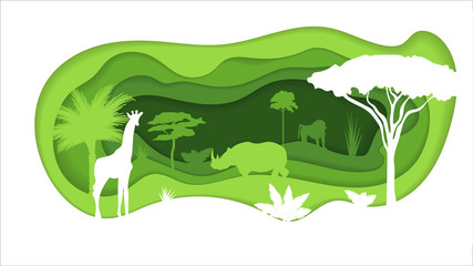 Naklejka premium Paper Crafted Cutout World. Concept of tropical rainforest Jungle. Vector illustration