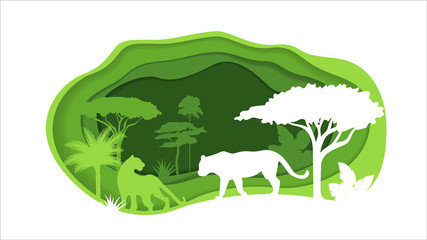 Paper Crafted Cutout World. Concept of tropical rainforest Jungle. Vector illustration