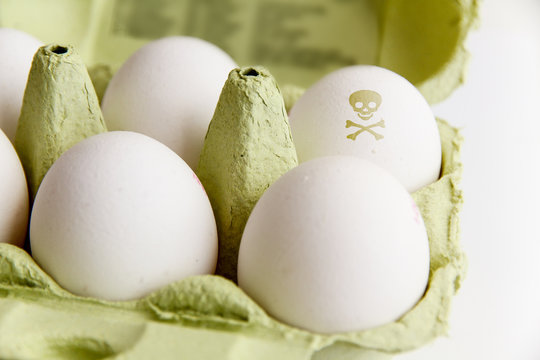 Eggs In A Green Paper Package With One Of The Eggs Painted With A Poisonous Risk Symbol Skull And Bones. Image Concept For Food Contamination.