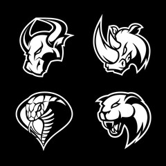 Furious rhino, bull, cobra and panther sport vector logo concept set isolated on black background. 
Mascot team badge design. Premium quality wild animal and snake t-shirt tee print illustration.