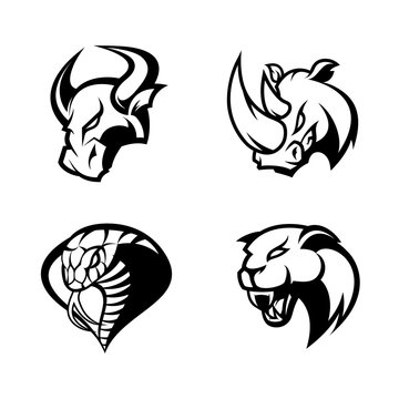 Furious rhino, bull, cobra and panther sport vector logo concept set isolated on white background. 
Mascot team badge design. Premium quality wild animal and snake t-shirt tee print illustration.