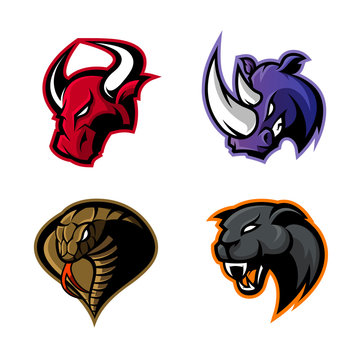 Furious rhino, bull, cobra and panther sport vector logo concept set isolated on white background. 
Mascot team badge design. Premium quality wild animal and snake t-shirt tee print illustration.