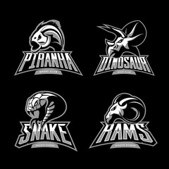 Furious piranha, ram, snake and dinosaur head sport vector logo concept set isolated on black background. 
Modern team mascot badge design. Premium quality wild animal t-shirt tee print illustration.