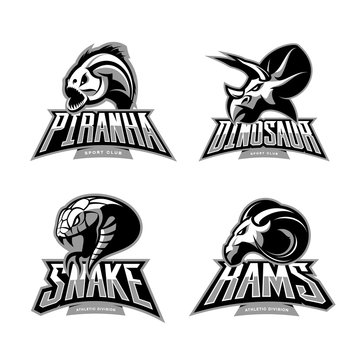 Furious piranha, ram, snake and dinosaur head sport vector logo concept set isolated on white background. 
Modern team mascot badge design. Premium quality wild animal t-shirt tee print illustration.