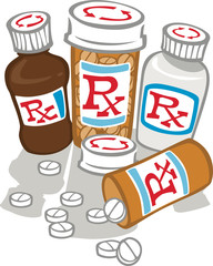 Too Much Medicine- Bottles of medicine with pills strewn about