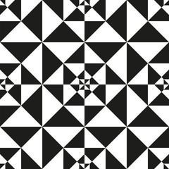 The image of an abstract black and white seamless pattern. Squares, triangles.