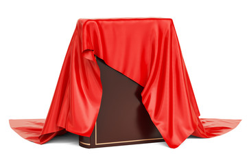 Book covered red cloth, presentation of new book concept. 3D rendering - obrazy, fototapety, plakaty