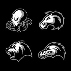 Furious octopus, bear, alligator and horse head sport vector logo concept set isolated on black background. 
Modern team badge design. Premium quality wild animal t-shirt tee print illustration.