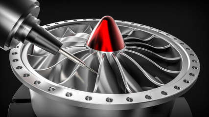 Milling aluminum turbine in five axis CNC machine. Template, mockup.