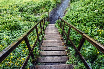 Walking down old Wood Stair, green path at Seljalandsfoss, Iceland