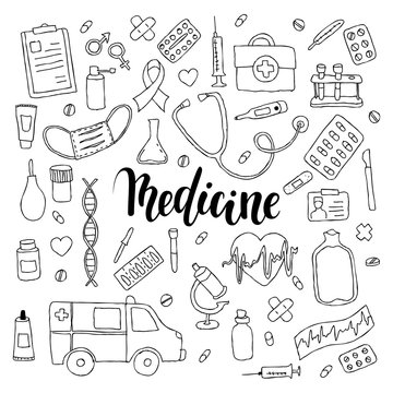 big set of hand drawn doodle medicine with lettering. Hand drawn calligraphy and brush pen lettering phrase medicine