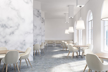 Luxury marble cafe interior, white chairs