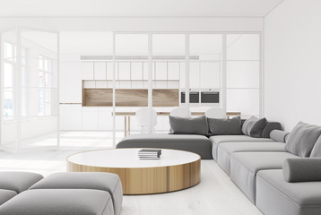 Round table living room, gray sofa