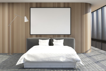 Loft bedroom interior, shades, poster, wood