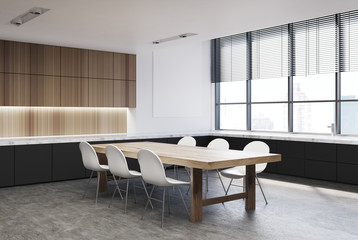 Wooden kitchen interior, dark countertops corner