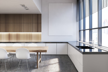 Wooden kitchen interior, dark marble