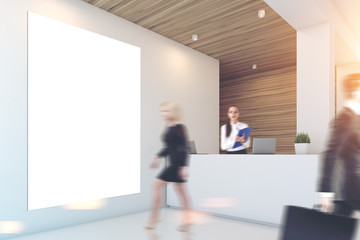 Gray and wooden office, reception, people