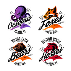 Vintage American furious octopus, fox, bear, horse bikers club tee print vector design set. 
Street wear mascot t-shirt emblem. Premium quality wild animal superior logo concept illustration.