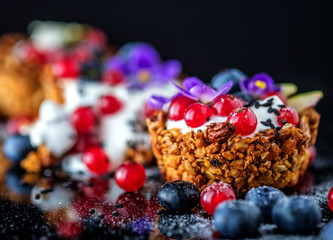 Dessert with sunflower seeds, yogurt and fresh berries