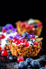 Dessert with sunflower seeds, yogurt and fresh berries