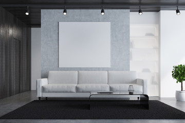 Gray sofa living room with a poster, close up