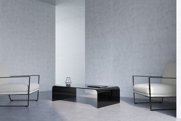 Concrete living room, armchairs, corner