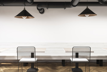 White cafe with benches, chairs and lamps