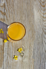 Glass of orange juice. Top view