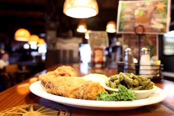 Deep fried chicken dinner at a restaurant.