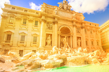 Spectacular Trevi Fountain at sunset, designed by Nicola Salvi Baroque era, in a sunny day, one of the most famous fountains in the world, capital of Rome, Lazio, Italy.