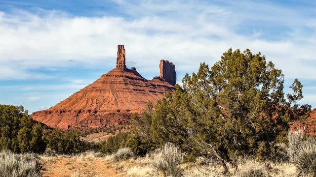 Time lapse view of Castleton Tower in the Utah desert