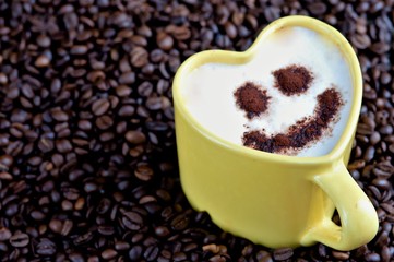 Smile, happiness, enjoyment with a cup of morning coffee, coffee latte