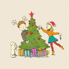 Obraz na płótnie Canvas Little kids boy and girl decorate a Christmas tree with funny puppy. Presents under tree, Vintage cartoon line art style. Hand drawn illustration.