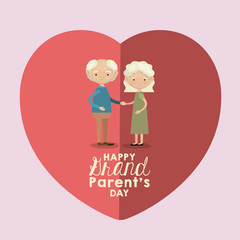 color background of heart shape pink greeting card with caricature full body elderly couple happy grandparents day