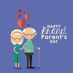 blue color background with caricature full body elderly couple with floating hearts and text happy grandparents day