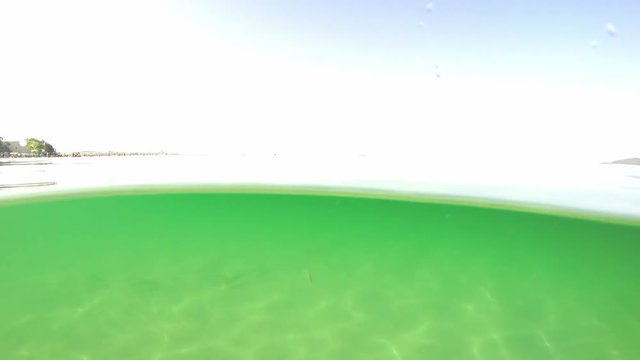 Split underwater view of Alghero coastline. Sardinia, Italy