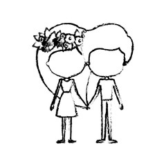 Obraz premium blurred silhouette of caricature faceless thin couple of man and woman side long hairstyle in dress holding hands