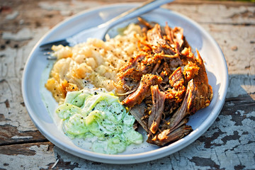 Pulled, seasoned pork, with mashed fried potatoes and cucumber and sour cream salad  - obrazy, fototapety, plakaty