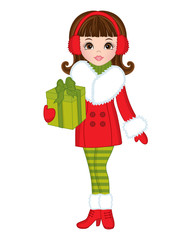 Vector Beautiful Young Girl with Christmas Gift