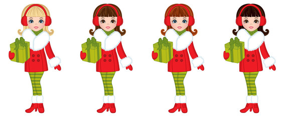 Vector Beautiful Young Girls with Sledges and Christmas Gifts