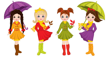 Vector Beautiful  Autumn Girls with Umbrellas and Leaves
