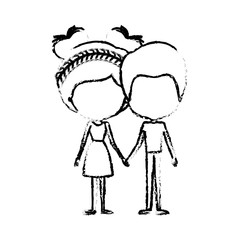 blurred silhouette of caricature faceless thin couple of man and woman in dress holding hands