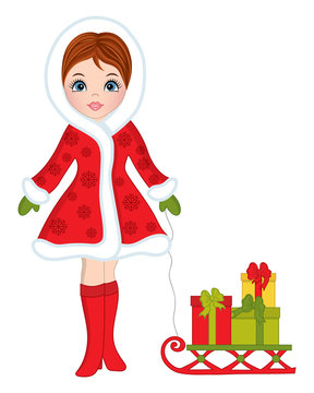 Vector Beautiful Young Girl with Sledge and  Christmas Gifts