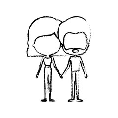 blurred silhouette of caricature faceless thin couple in clothes of bearded man and woman with wavy short hairstyle holding hands