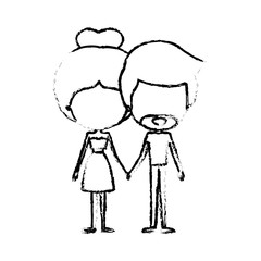 blurred silhouette of caricature faceless thin couple of bearded man and woman in dress holding hands