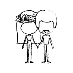 blurred silhouette of caricature faceless thin couple in clothes man and woman with flower crown in hair and holding hands